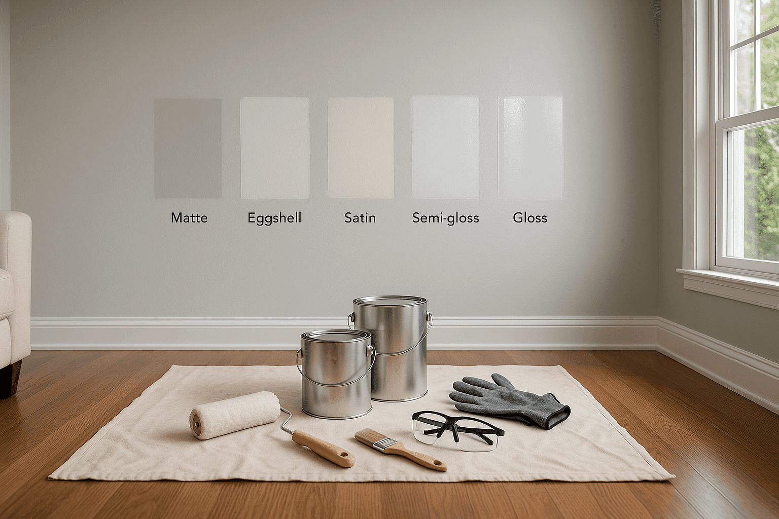Painted living room wall with subtle sheen and decorator tools nearby
