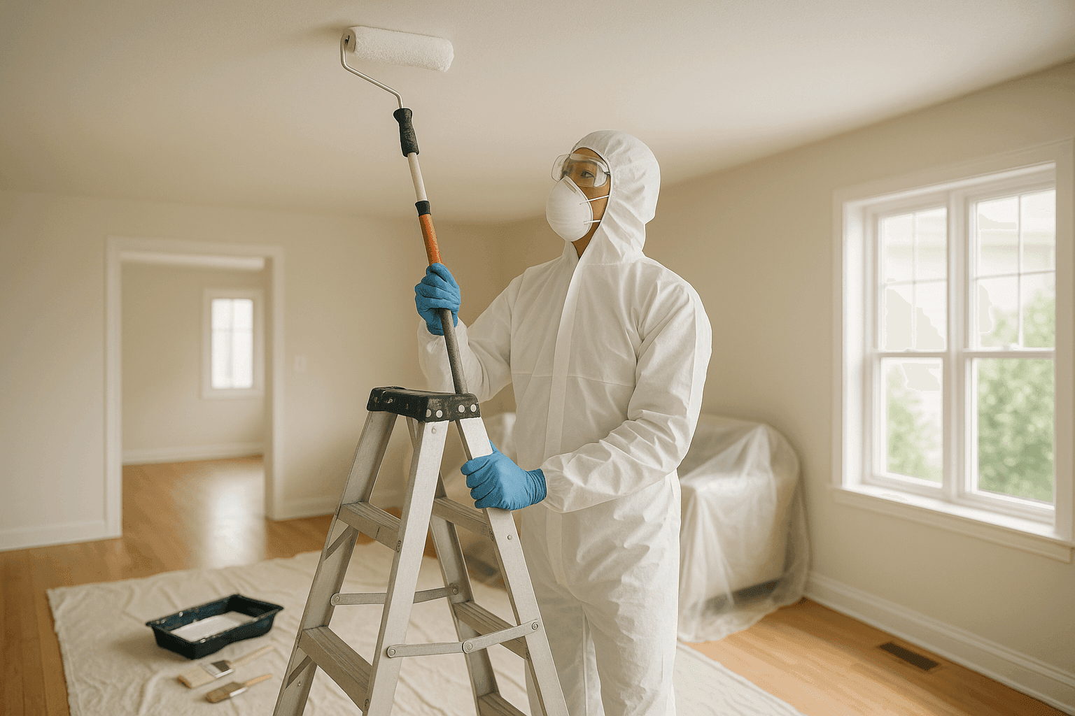 Professional painter applying paint to ceiling with roller
