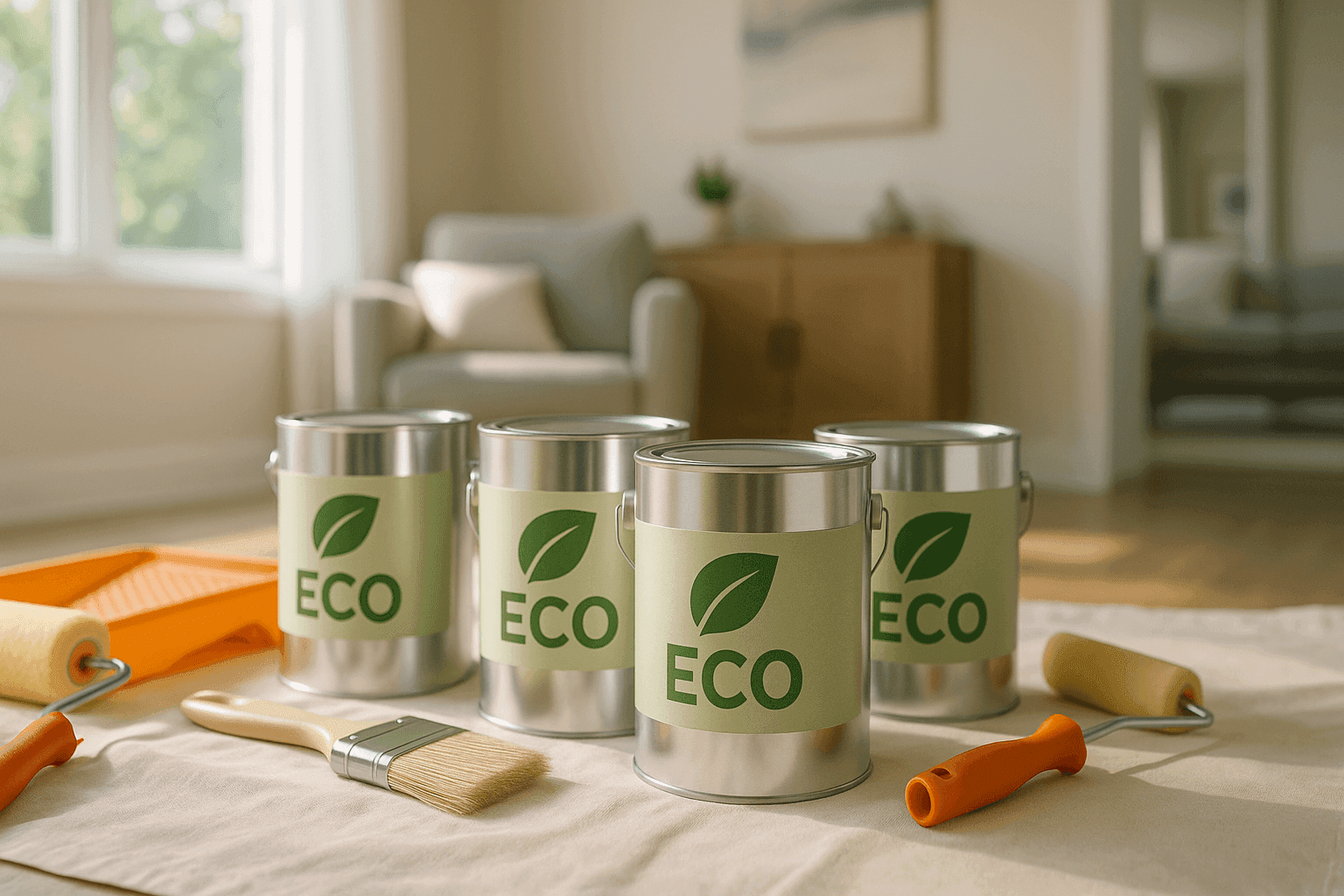 Eco-friendly paint cans in modern home interior