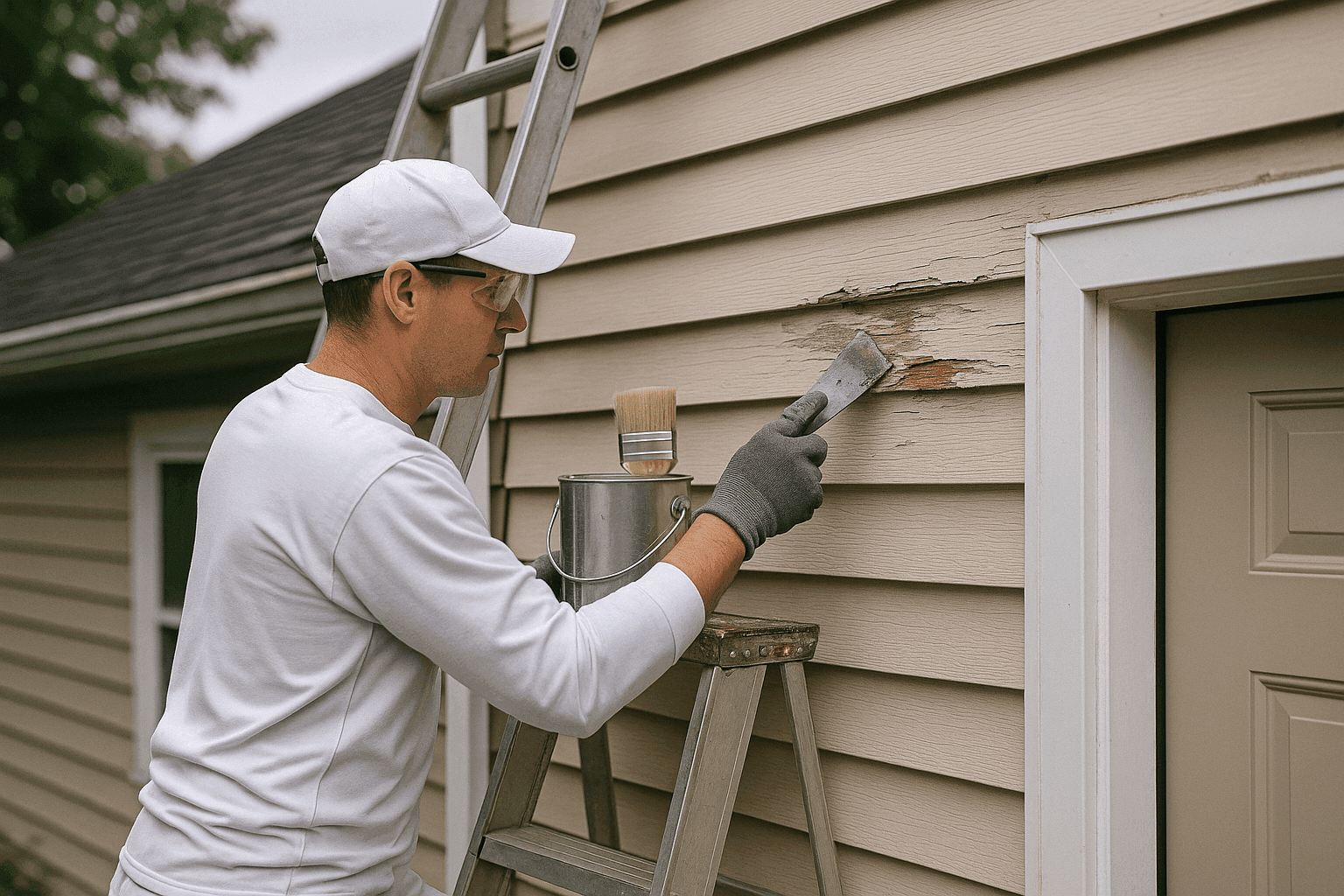 Pintor realizando reparaciones de pintura exterior de emergencia en revestimiento de casa dañada por tormenta