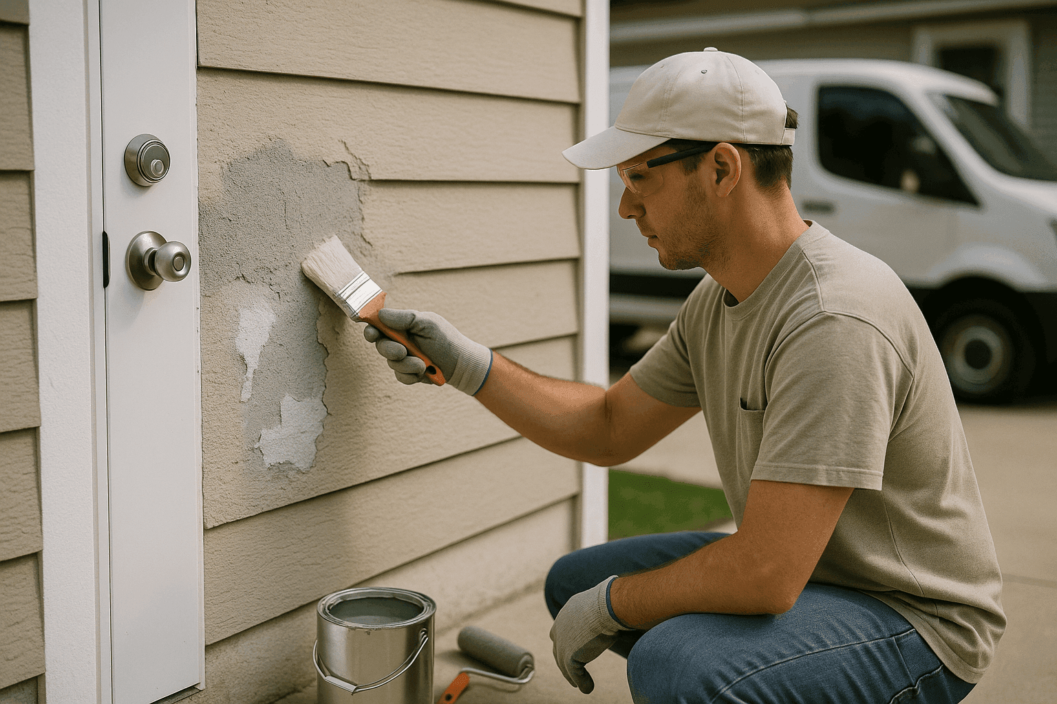 Propietario realizando reparación de pintura exterior de emergencia en pared dañada