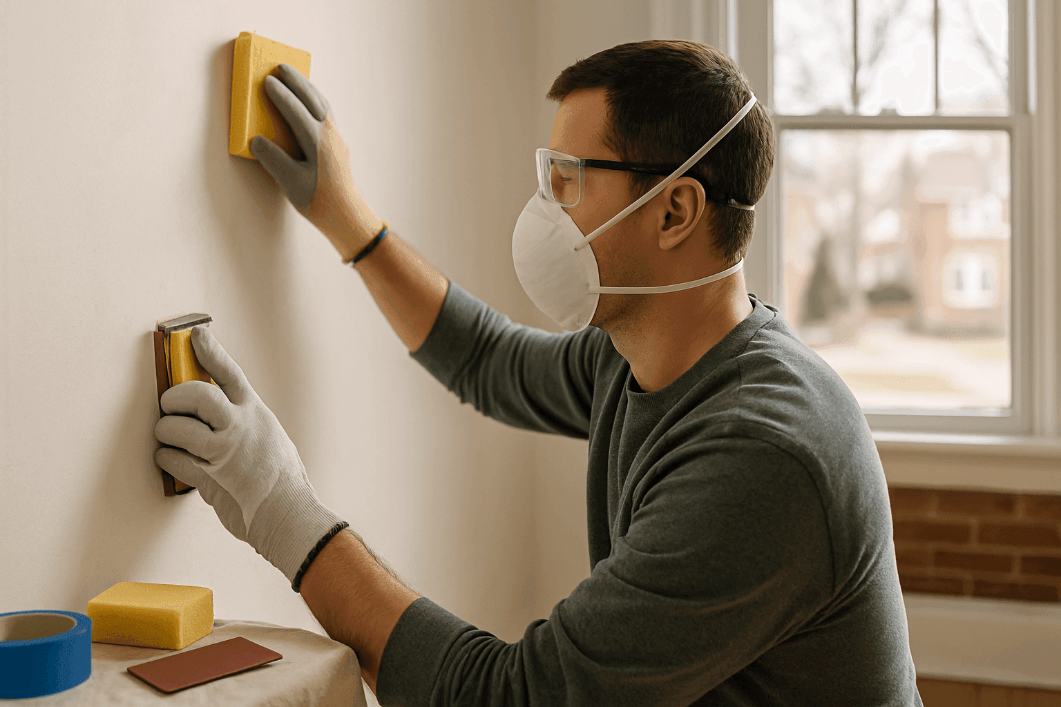 Surface being cleaned and sanded before painting in home