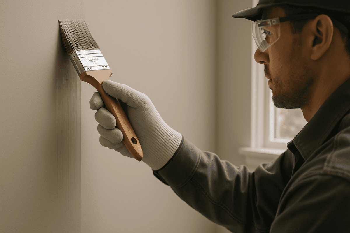 Close-up of painter’s gloved hands applying light taupe paint to interior wall safely